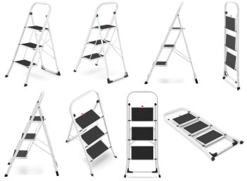 HIGHER Ocelové skládací schůdky – 3 stupně, bílá barva